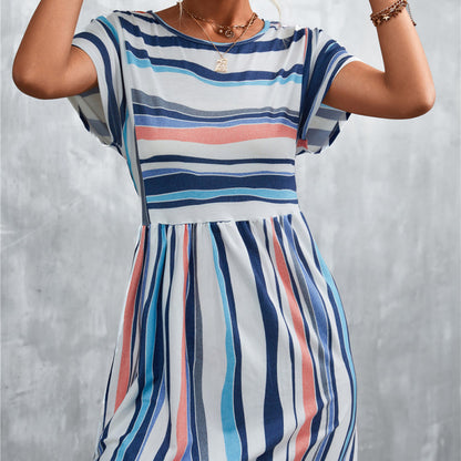 Summer Women Casual Elegant Stripe Print Color Blocking Dress