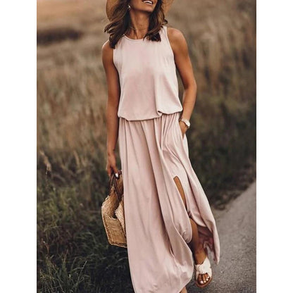 Summer Women Casual Basic Round Neck Sleeveless Side-slit Solid Color Long Dress