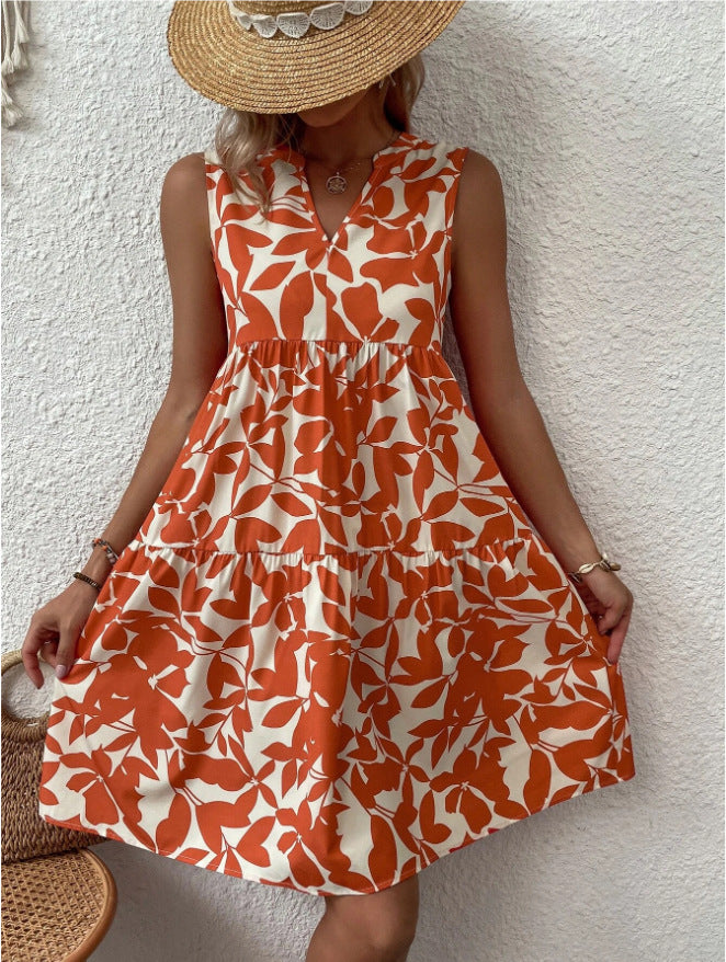 Vestido bohemio informal de vacaciones para mujer, holgado, con escote en V, plisado, estampado floral, sin mangas