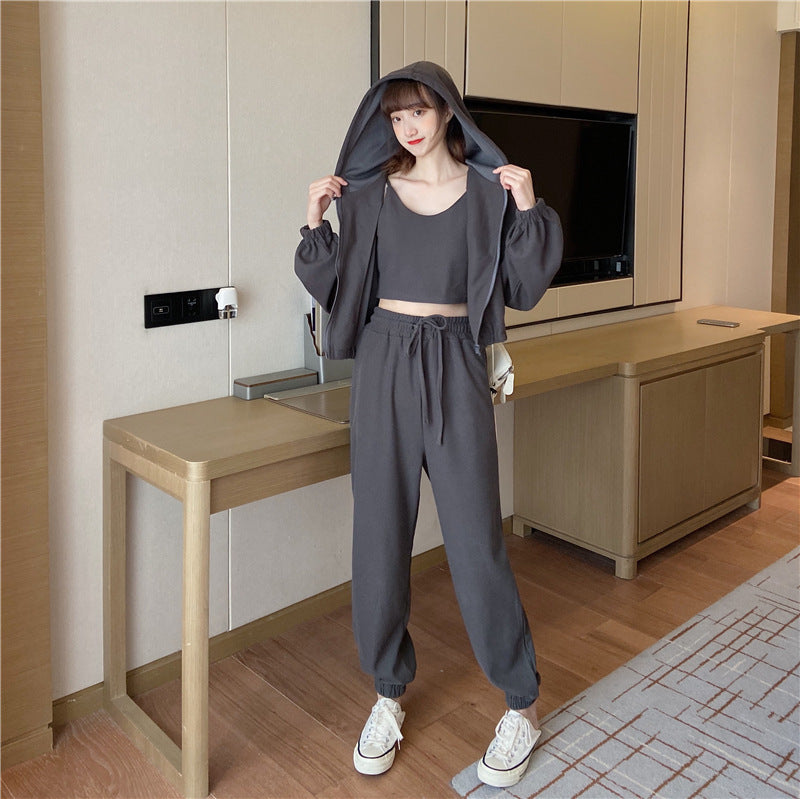 Conjunto informal de tres piezas con capucha, camiseta sin mangas y pantalones elásticos de cintura alta para mujer, color liso