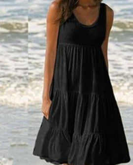 Women Casual Solid Color Sleeveless Round Neck Ruffled Loose Dress