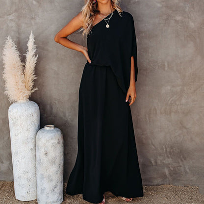 Summer Fashion Women Solid Color Oblique Collar Strapless Temperament Casual Long Dress