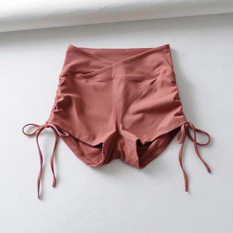 Women Solid Pleated Drawstring High Waist Casual Sports Shorts