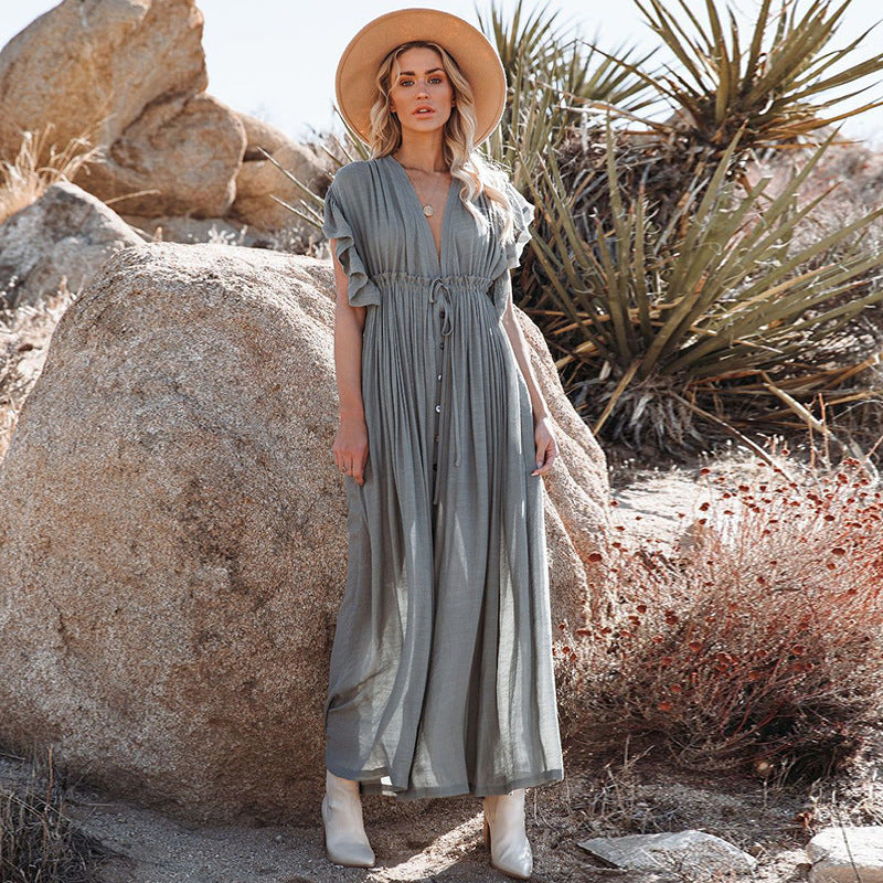 Traje de baño de playa informal holgado con cuello en V y manga corta de color liso para mujer