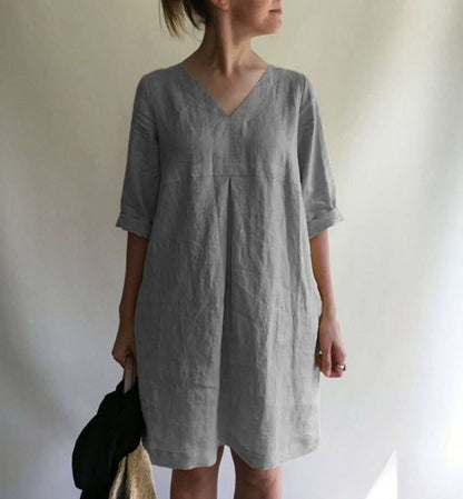 Women Fashion Casual Solid Color V-Neck Dress