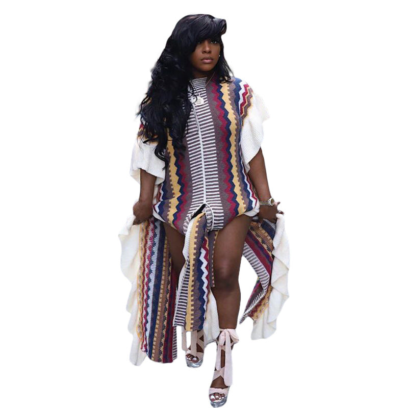 Women Casual Ruffled Knit Stripe Split Maxi Dress