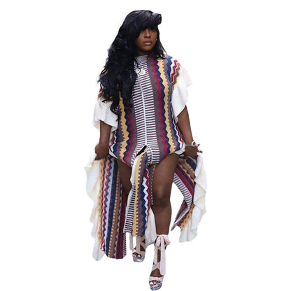 Women Casual Ruffled Knit Stripe Split Maxi Dress