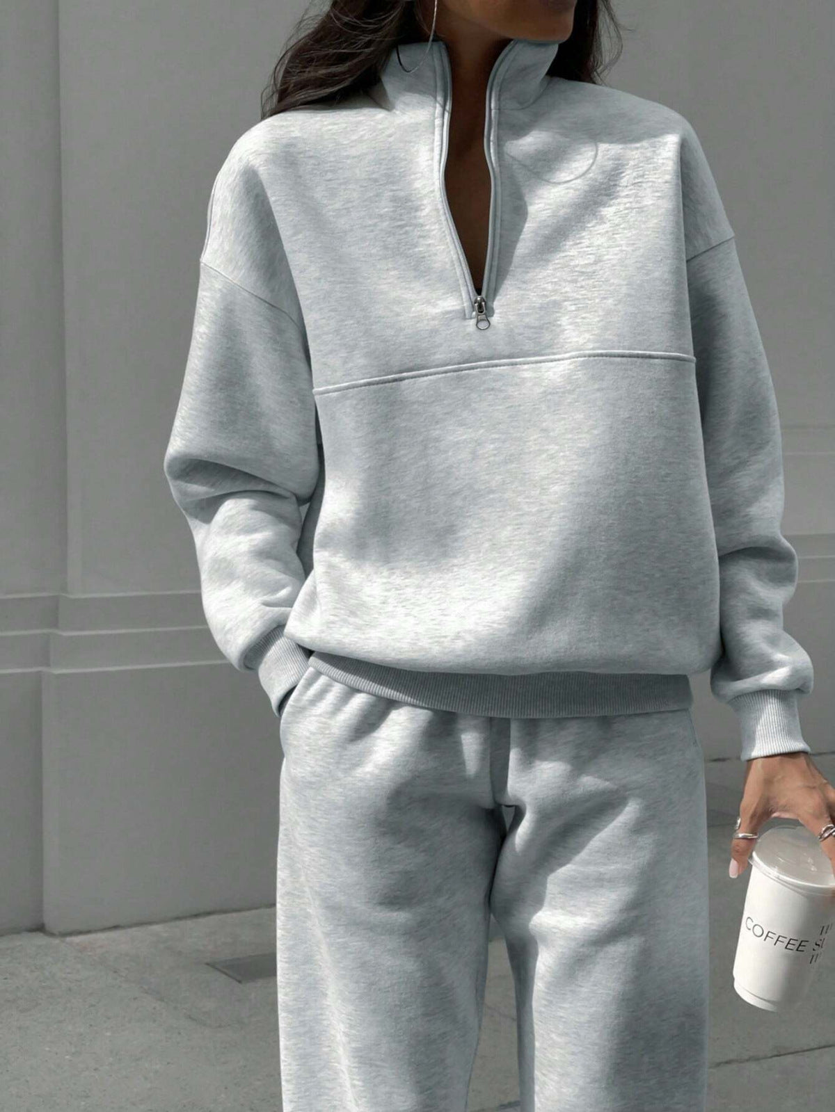 Women Casual Solid Zip Sweatshirts And Pants Two-Piece Set
