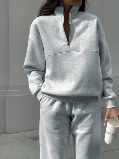 Women Casual Solid Zip Sweatshirts And Pants Two-Piece Set