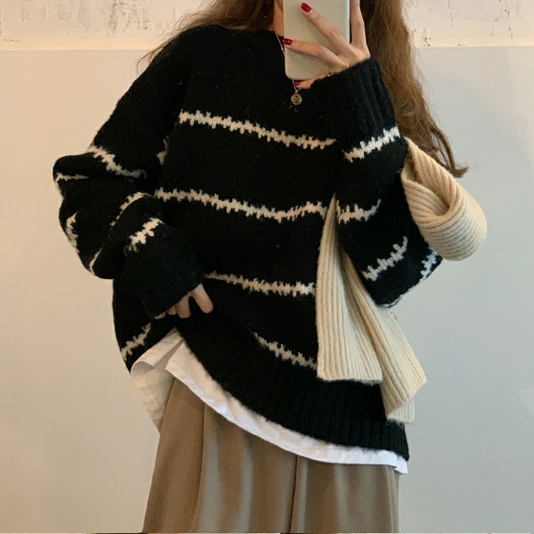 Women Autumn Winter Casual Classic Stripes Round Neck Loose Knitted Sweater
