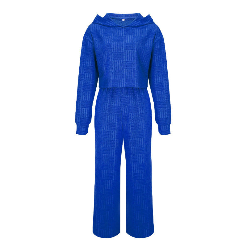 Conjunto de dos piezas informal de color liso con capucha y pantalones de pierna ancha de manga larga para mujer