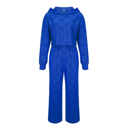 Conjunto de dos piezas informal de color liso con capucha y pantalones de pierna ancha de manga larga para mujer