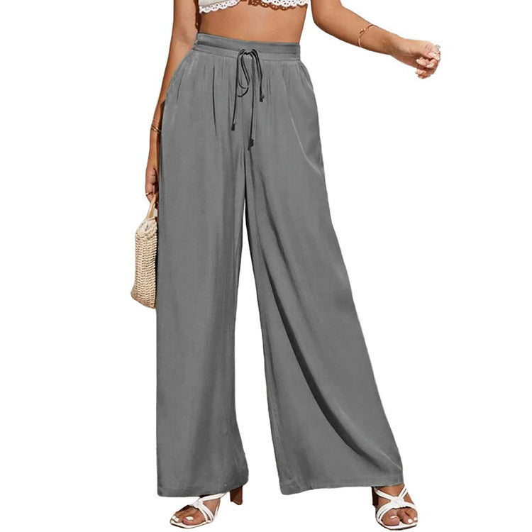 Women High Waist Casual Trousers Solid Color Elastic Waist Tie Loose Wide Leg Pants