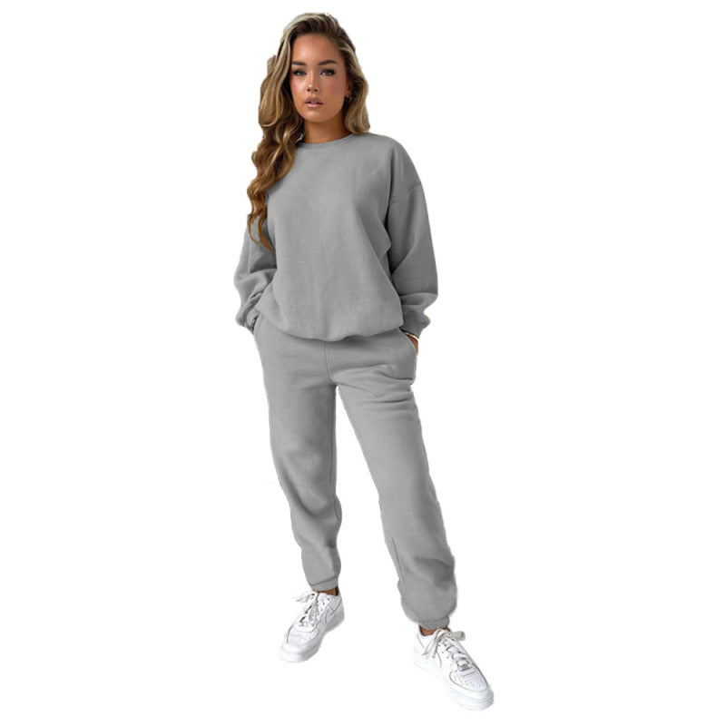 Conjunto informal de dos piezas con top y pantalón holgado de manga larga y cuello redondo de color liso para mujer