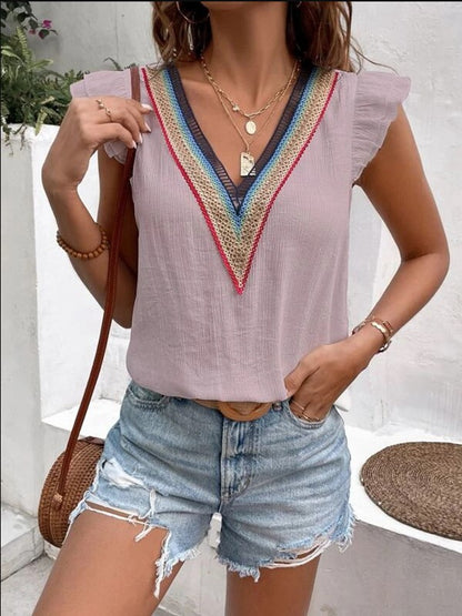 Blusa informal de moda para mujer con escote en V, encaje, color liso, volantes y mangas cortas