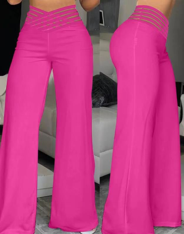 Summer Women Hollow High Waist Casual Straight Loose Office Solid Wide Leg Pants