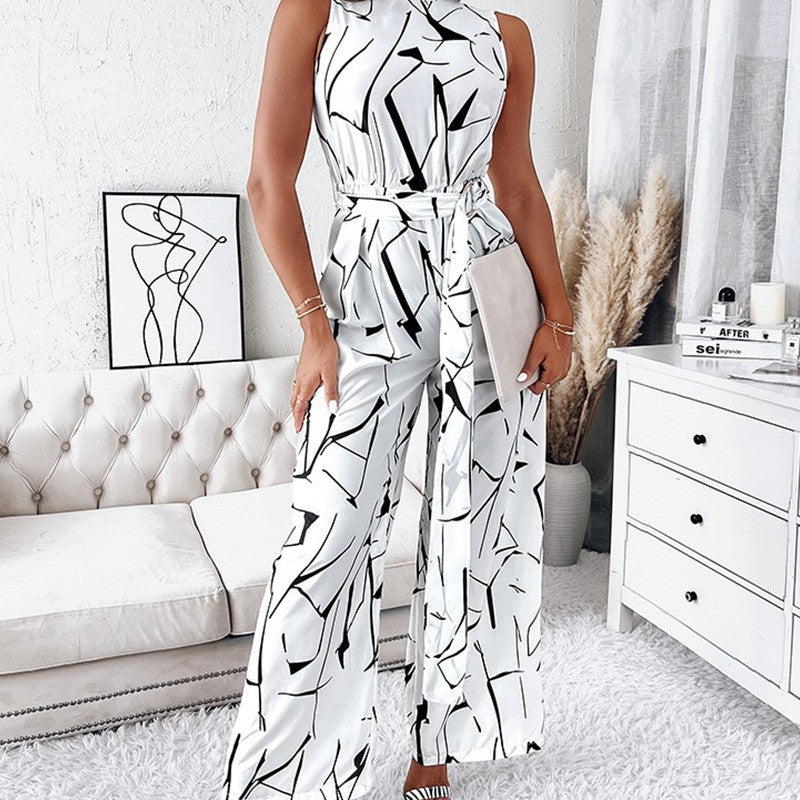 Women Fashion Casual Irregular Printing Sleeveless Jumpsuit