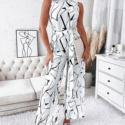 Women Fashion Casual Irregular Printing Sleeveless Jumpsuit