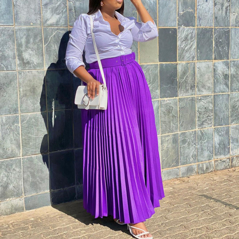 Women Solid Color High Waist Pleated Fashion Casual Loose Long Skirts
