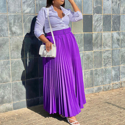 Women Solid Color High Waist Pleated Fashion Casual Loose Long Skirts