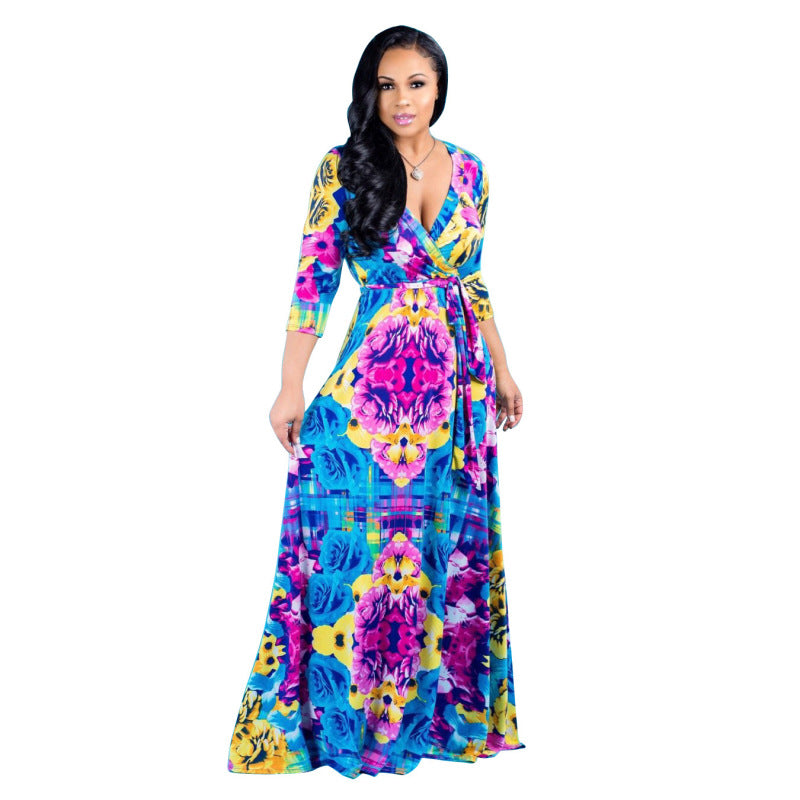 Women Fashion Casual Printed V-Neck Long Sleeve Dress