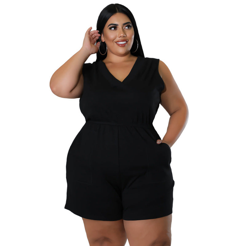 Plus Size Women V-Neck Solid Color Sleeveless Pockets Casual Waist Rompers