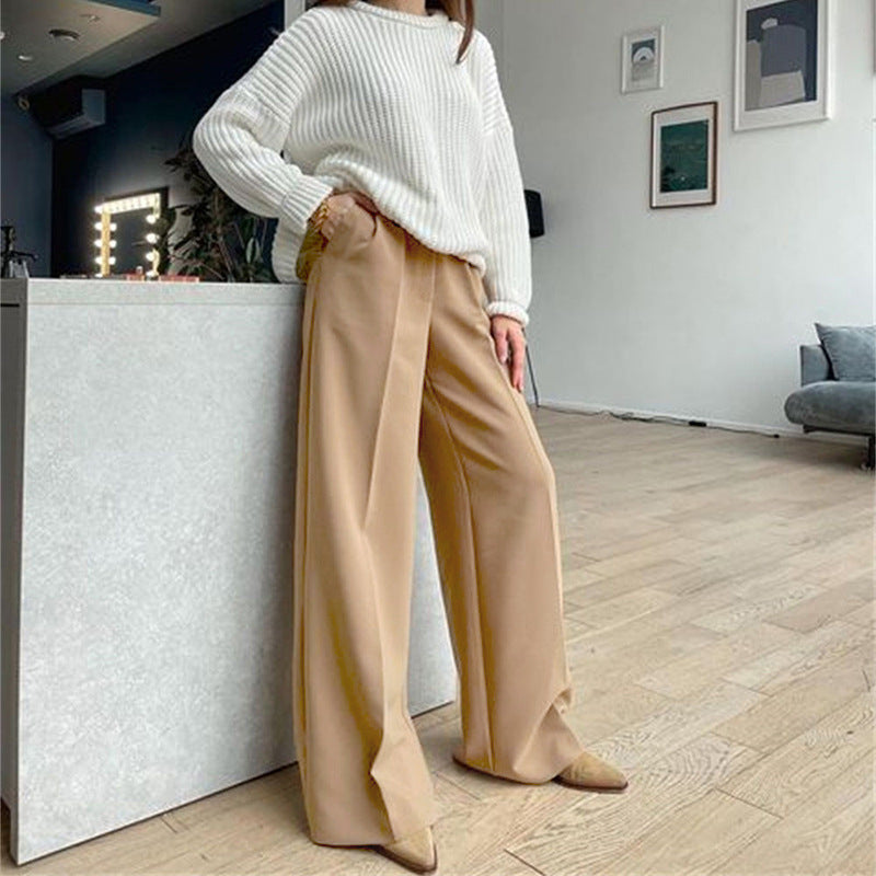Women Basic Solid Color Casual High Waist Wide-Leg Mopping Pants
