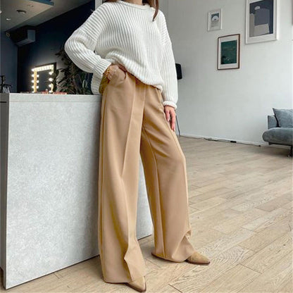 Women Basic Solid Color Casual High Waist Wide-Leg Mopping Pants