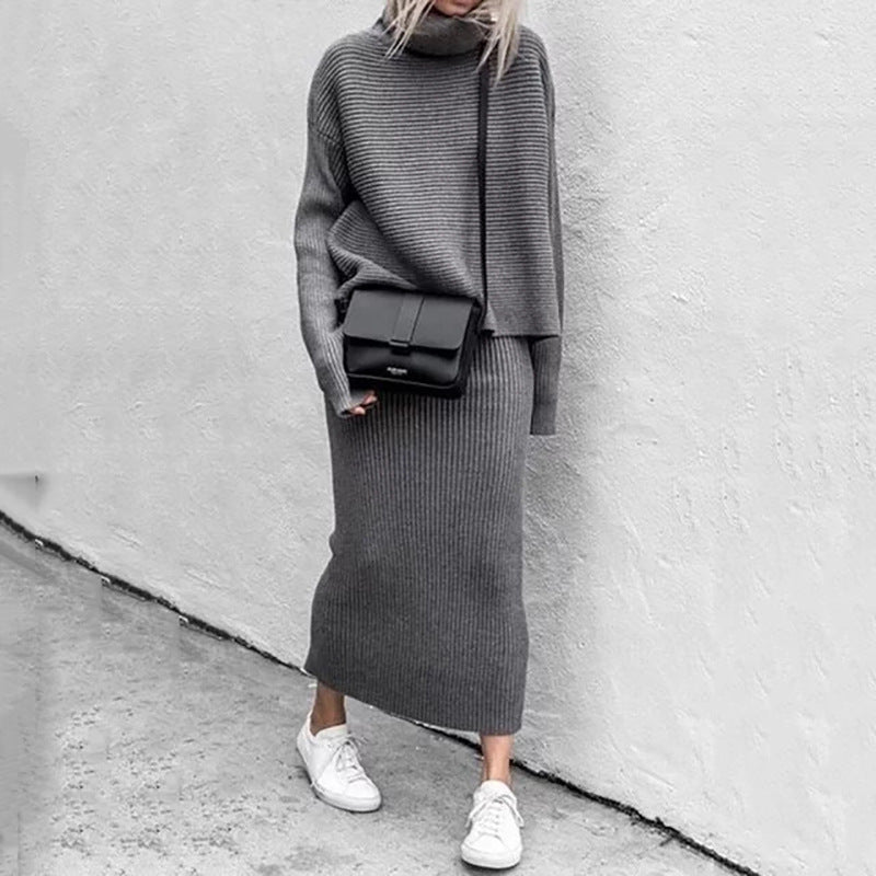 Conjunto de dos piezas informal holgado de cuello alto y manga larga para mujer, de punto liso, para invierno y otoño