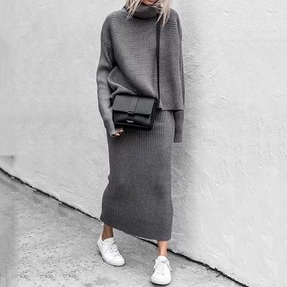 Conjunto de dos piezas informal holgado de cuello alto y manga larga para mujer, de punto liso, para invierno y otoño