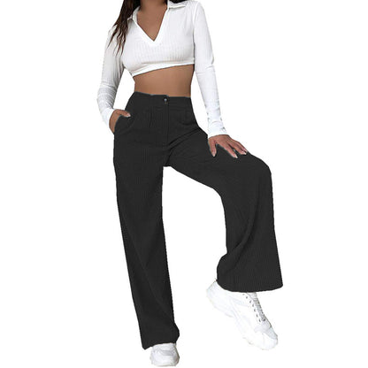 Women Solid Color Button High Waist Casual Loose Wide Leg Pants
