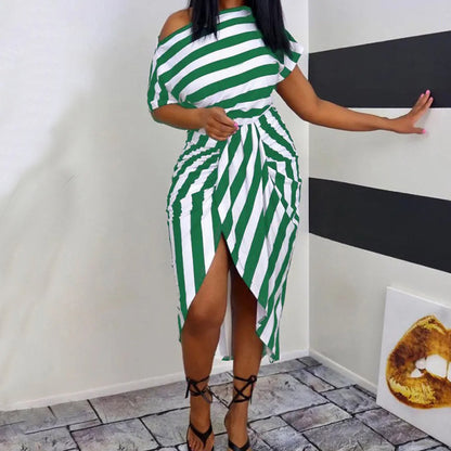Women Slanted Shoulder Printed Short Sleeve Neck Waist Irregular Casual Dress