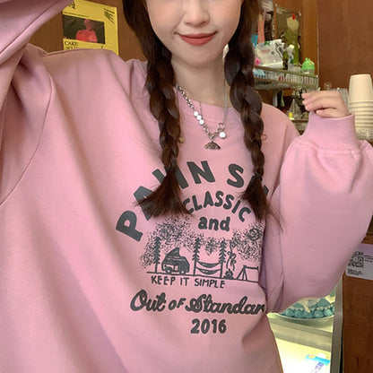 Women Street Casual Alphabet Print Fleece-Lined Sweatshirt