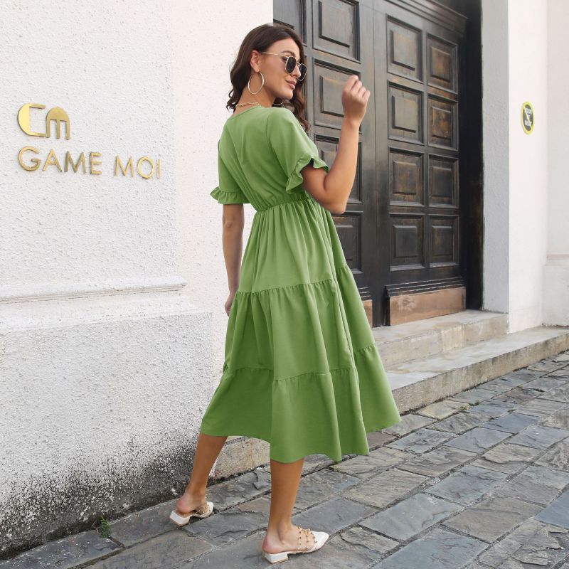 Women'S Casual Solid Color V-Neck Dress