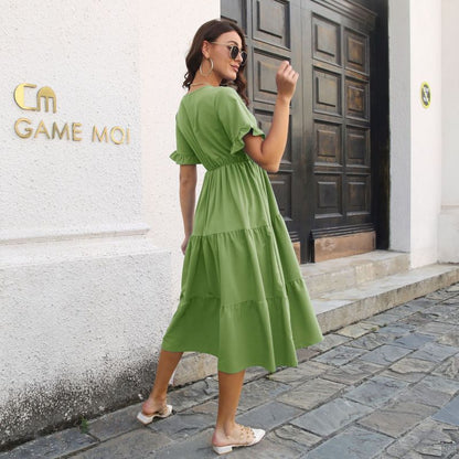 Women'S Casual Solid Color V-Neck Dress