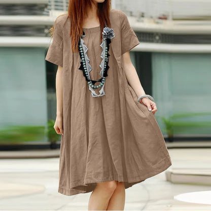 Vestido holgado informal de manga corta con pliegues para mujer
