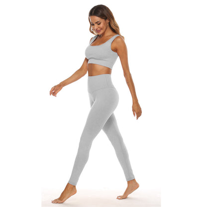 Conjunto deportivo de dos piezas para mujer, color sólido, con cuello en U, camiseta corta y pantalones de cintura alta, para yoga y deportes.