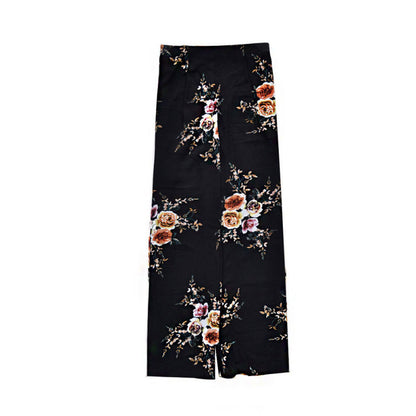 Women Printed High Waist Loose Casual Slit Wide Leg Pants