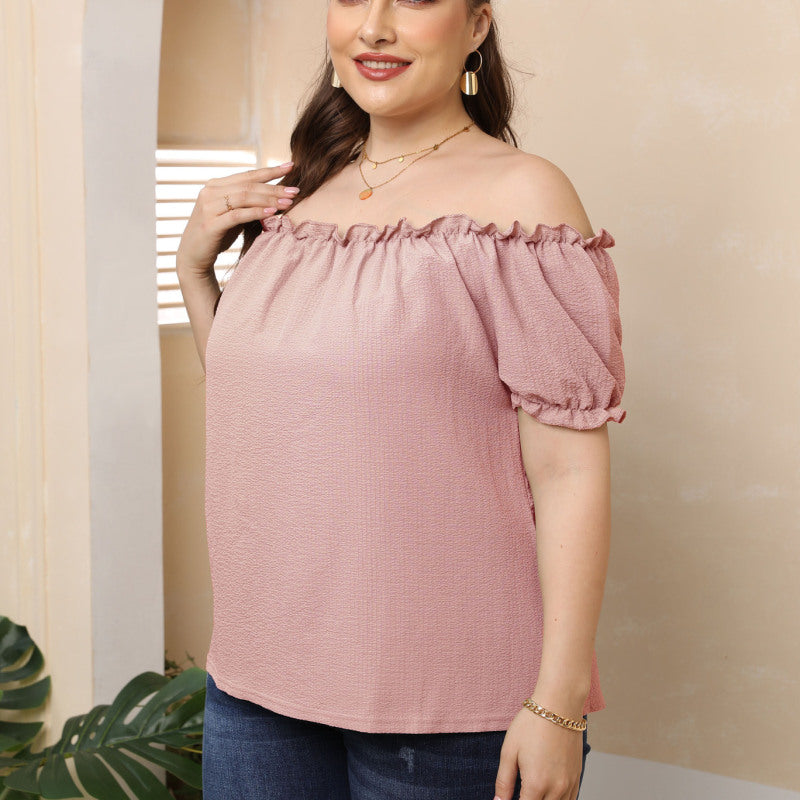 Women Fashion Casual Solid Color Off-The-Shoulder Short Sleeve Top