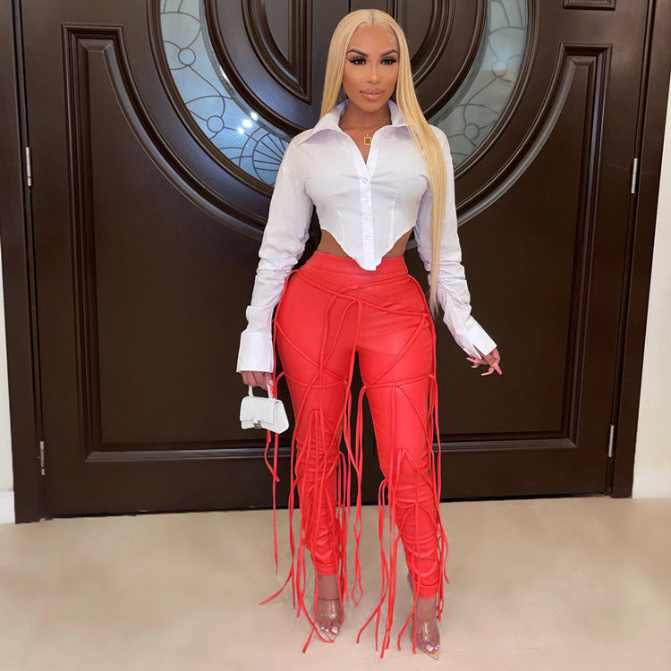 Women Fashion Casual Pu Leather Tassel Strap Women Solid Color Pants