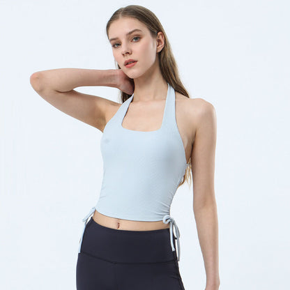 Women Casual Tight Solid Color Halter Neck Sleeveless Backless Drawstring Sports Tank Top