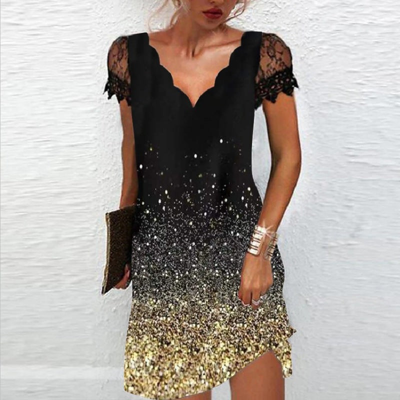 Vestido elegante informal de manga corta con estampado floral, escote en V y encaje de patchwork para mujer
