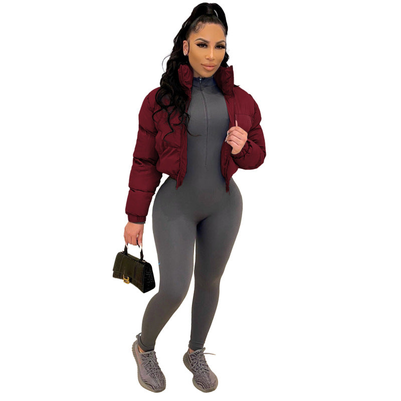 Abrigo acolchado con cremallera de manga larga de color liso informal básico de invierno para mujer