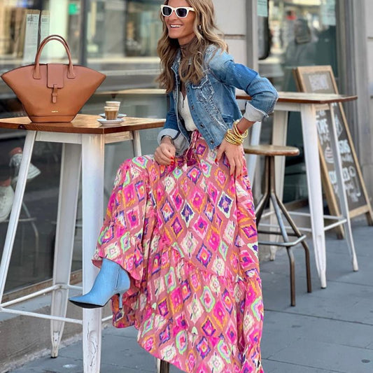 Falda larga con volantes y estampado floral informal de calle a la moda para mujer