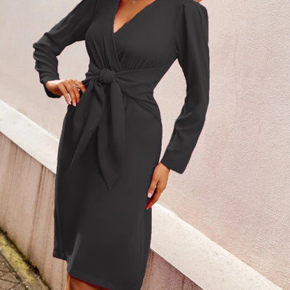 Women'S Casual Elegant Long Sleeve Solid Color V Neck Knot Defined Waist Pullover Dress
