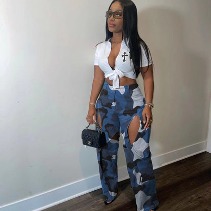 Women Fashion Casual Printed Cut Out Defined Waist Pants