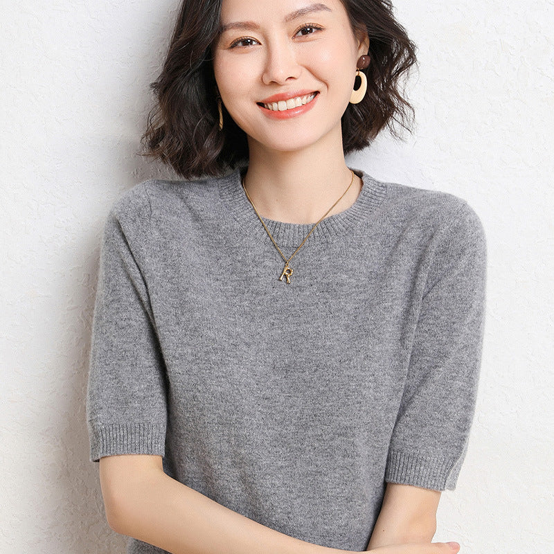 Spring And Summer Women Solid Color Casual Versatile Knitted Short-Sleeved Round Neck Knitwear Sweater