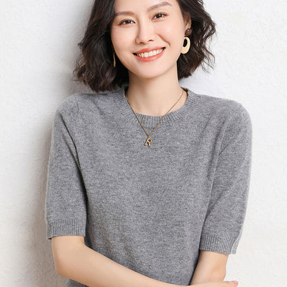 Spring And Summer Women Solid Color Casual Versatile Knitted Short-Sleeved Round Neck Knitwear Sweater