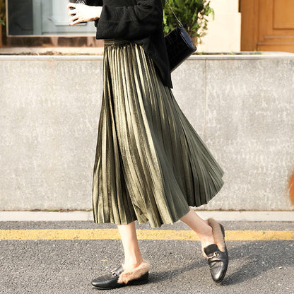 Women Solid Color Pleated High Waist Casual Long Skirt