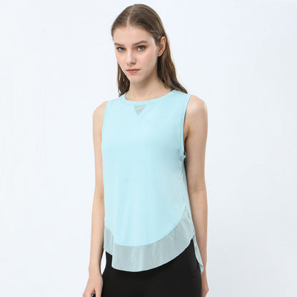 Women Casual Loose Solid Color Round Neck Sleeveless Mesh Spliced Sports Tank Top